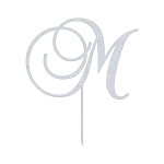 An aluminum cake topper featuring the letter 'M' in a swirling script style. The design includes intricate cutouts and elegant curves, with a stake for easy insertion into a cake. Displayed against a black background, highlighting its metallic finish.